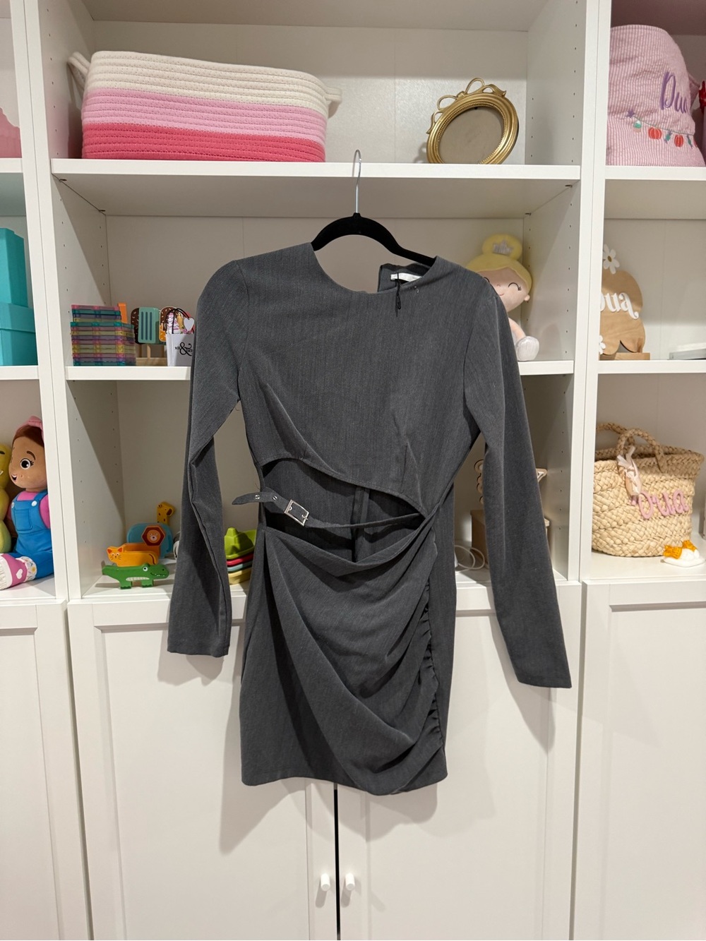 Zara Dress Size S Gray Long-Sleeve Draped Mini Dress - Modern Twist